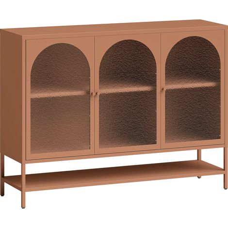 Buffet de salon, armoire vitrée cintrée 3 portes avec étagère ouverte, rangement salon, dimensions 140x40x105 cm, teinte rouille (1/5)