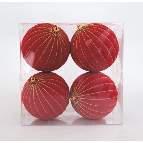 Set mit 4 roten Samt-Weihnachtskugeln mit goldenen Streifen Ø10 cm