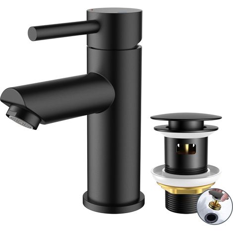 Robinet De Salle De Bain Avec Bonde, Mitigeur De Lavabo En Acier Inoxydable Avec Hauteur De Bec 85MM, Mitigeur Monocommande Pour Eau Froide Et Chaude Dans La Salle De Bain, Noir (1/5)