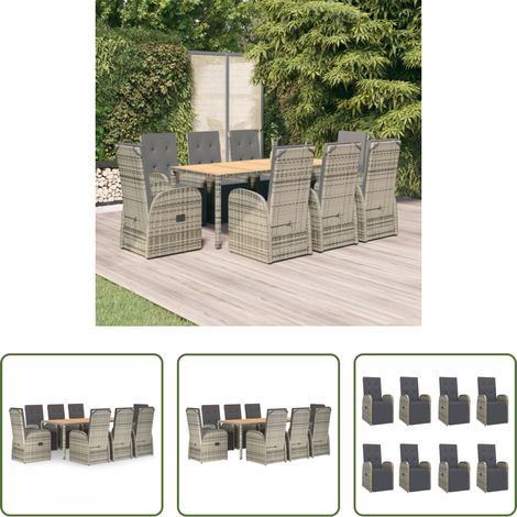 vidaXL Rattanstuhl - 9-tlg. Garten-Essgruppe mit Kissen Grau Poly Rattan (1/5)