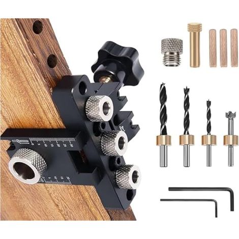 CYRILL –8/10/15mm Gabarit de Perçage, JRISBO Kit de Gabarit de Goujon pour Meubles 3 en 1 Outils de Menuiserie, Réglable Professionnel Bois Gabarit de Percage avec Échelle et Pince (1/5)