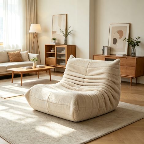JOOKGBD-Fauteuil relax monobloc peluche teddy sans pieds, garnissage mousse polyuréthane HR haute densité, fauteuil de détente rectangulaire pour salon chambre bureau,aucun montage nécessaire,beige (1/5)
