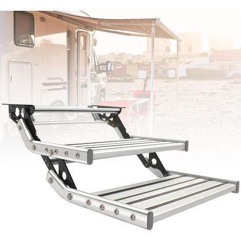Marchepieds manuels rétractables à 2 marches avec lumière LED Marchepieds Pliables en Aluminium Marchepieds individuels pour Camping-Car, camionnette, remorque de Voyage (1/5)