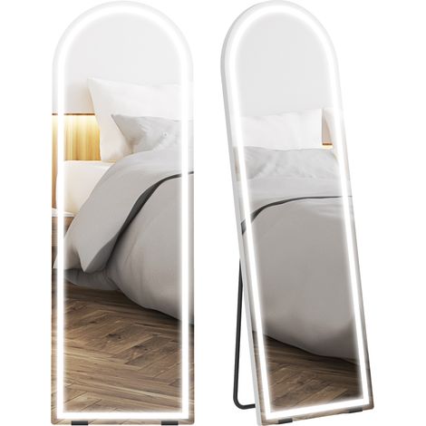 HOMCOM espejo de pie cuerpo entero con luces, 150x50 cm, espejo de cuerpo entero arqueado sin marco, 3 colores, brillo ajustable, transparente (1/5)