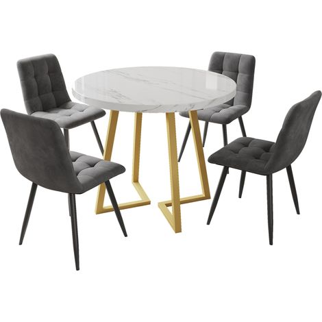 Ensemble salle à manger 5 pièces avec table ronde 80 cm en MDF motif marbre et 4 chaises en velours gris foncé (1/5)