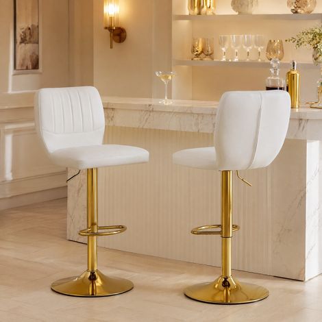 Taburete de bar giratorio 52x45x93-114 cm, respaldo ergonómico, reposapiés, polipiel blanca y metal dorado (1/5)