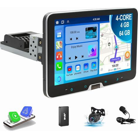 Autoradio 1 DIN 10,1" Android 14 Carplay GPS RDS BT Écran rotatif à 360°2+32G DAB+ CAM (1/5)
