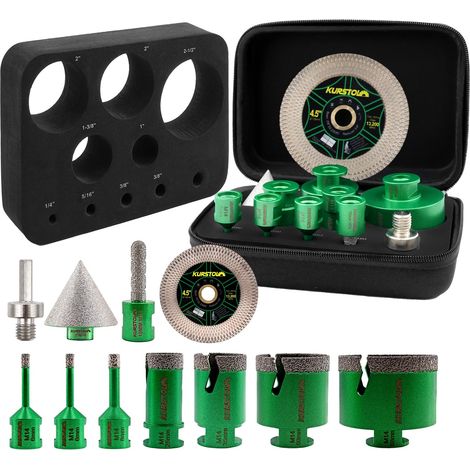 Foret Diamant Carrelage Kit 11 pièces - 6/6/8/25/35/50/68mm+20mm Fraise+50mm Chanfrein+115mm Disque+Adaptateur pour Porcelaine Carrelage Granit Marbre (1/5)