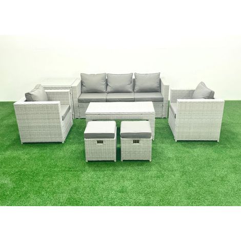 Fimous Rattan Garden Furniture Set 7 Seater Outdoor Garden Sofa Oblong Coffee Table Set with 2 Chairs 2 Stools Side Table Light Grey Mixed (1/5)