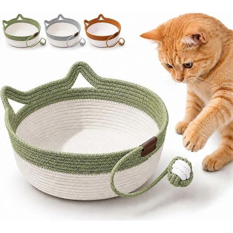 Panier-lit pour chats tissé à la main, griffoir lavable en corde de coton, nid rond pour animaux d'intérieur avec coussin vert intégré (1/5)