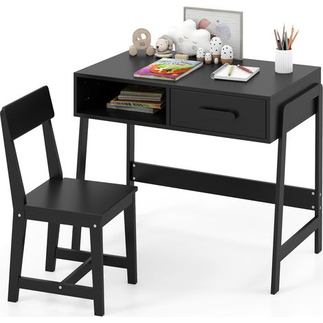 Bureau Enfant avec Chaise, Ensemble Table d'Étude en Bois avec Tiroir de Rangement et Étagère, 85 x 48 x 70 cm, Noir (1/5)
