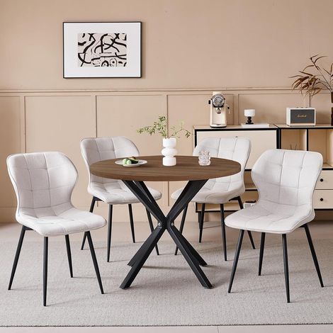 Esstisch-Set rund 100cm mit 4 Leinenstühlen, dunkel + beige (1/5)