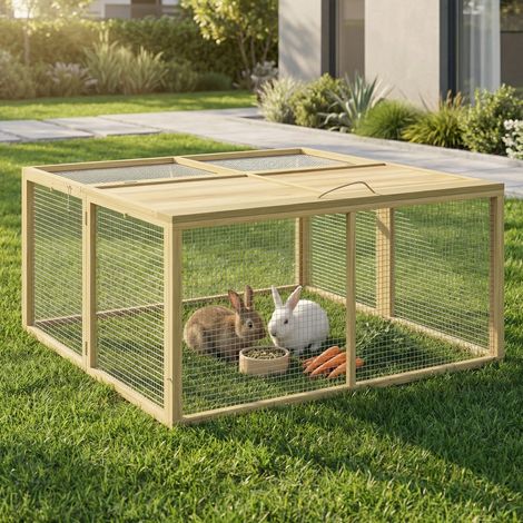 Cage pour petits animaux, clapier à lapins, toit à charnières, bois de sapin, 120 x 120 x 57 cm, naturel (1/4)