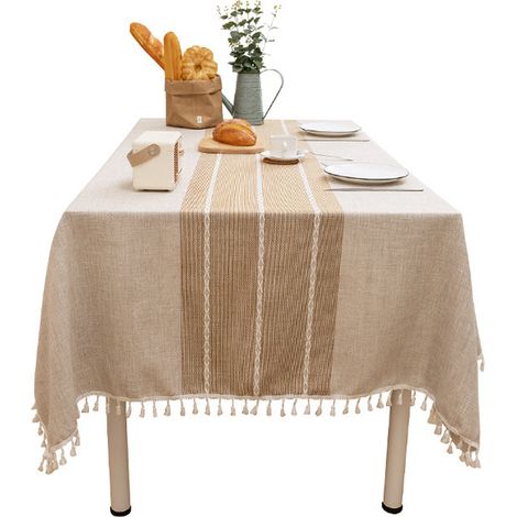 Nappe Rectangulaire - Imperméable - Sans Froissure - Coton Lin - Finitions à Pompons - Pour Table à Manger Intérieur et Extérieur - 1 Pièce (1/5)