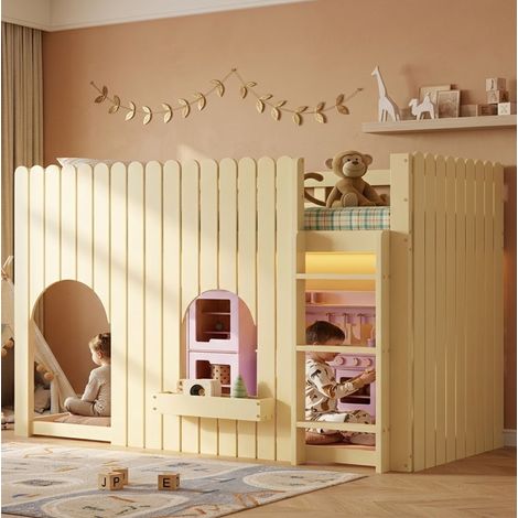 Lit mezzanine enfant moderne 90x200 cm, bois massif et MDF naturel, avec barrières, échelle 3 marches et LED (1/5)