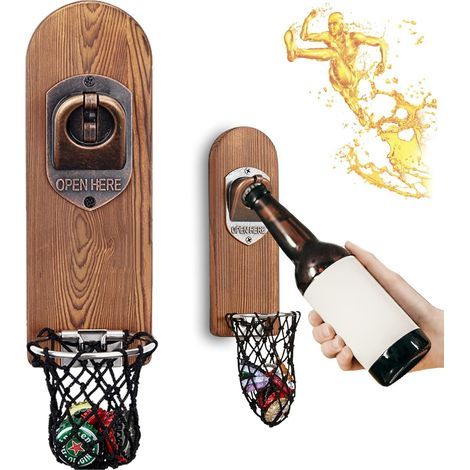 Magnetic Wooden Wall-Mounted Bottle Opener, Vintage Beer, Original Bottle Opener with Cap Catcher, Outdoor Bar Accessory, Gift for Men, Dad, Friend and Colleague (Style 3) (1/5)