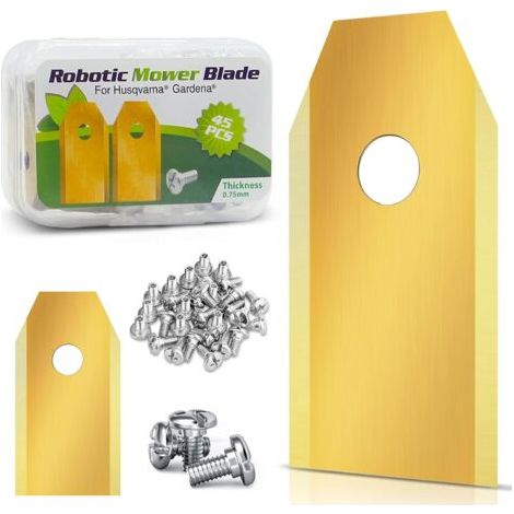 45 couteaux de rechange pour tondeuse à gazon + 45 vis, lames en titane, adaptées aux tondeuses robotisées Husqvarna Automower/Gardena, 35 x 18 x 0,75 mm, or