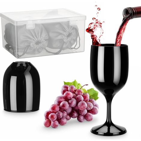 Verre a Pied Plastique, Lot de 2 Noir 200ml Verres à Vin Portable Pliable, Réutilisable, Verre camping Anti-casse avec Boîte de Rangement, pour Extérieur Voyage Pique-Niques (1/5)