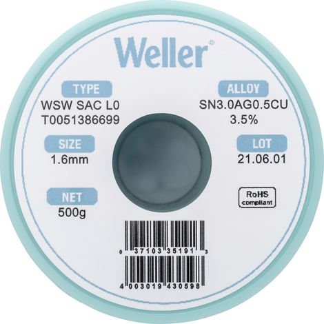 Weller T0051386699 Lötzinn, bleifrei Spule, bleifrei Sn3,0Ag0,5Cu 500 g 1.60 mm (1/5)