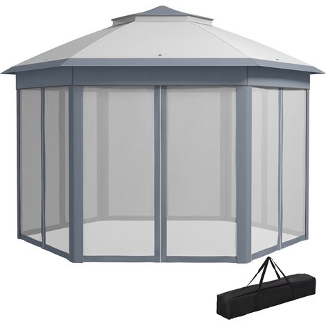 Gartenpavillon Faltpavillon 4 x 4 m Pop-Up-Zelt Partyzelt inkl. Tragetasche 6 Seitenteile Doppeldach sechseckig Grau