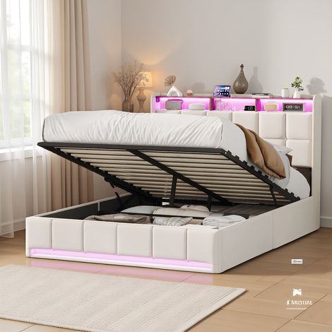Polsterbett Doppelbett 140x200 cm mit Hydraulischem Stauraum, mit LED und USB-Ladestation, Modernes Jugendbett, Bett mit Kopfteil und Lattenrost, Leinen Beige, Ohne Matratze