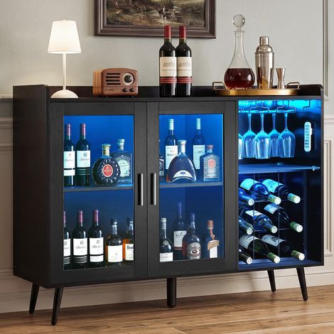 Meuble Bar, Buffet de Cuisine 120x40x90 cm, Rangement pour Coin Café Salon Cuisine Salle à Manger Maison, Armoire à Vin avec 9 Casiers à Bouteilles, Porte-verres et Éclairage LED Réglable, Noir (1/5)