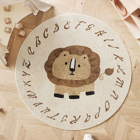 Tapis de jeu rond mignon en forme de lion, tapis de chevet antidérapant pour chambre d'enfant, 120 cm de diamètre (1/5)