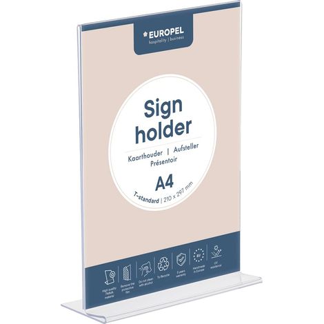 EUROPEL Porta cartelli (standard T, formato A4, verticale) - Struttura in acrilico trasparente - Espositore per poster, menù e volantini con base in acrilico - Design autoportante