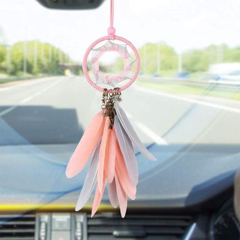 Attrape-rêves artisanal gris plume suspension murale porte-bonheur auto rétroviseur pendentif voiture décoration intérieure (Rose) (1/5)