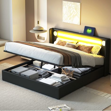 DESVIAE Lit double coffre capitonné 160 x 200 cm avec LED Bluetooth et 2 ports USB revêtement en simili cuir noir sommier à lattes cadre en acier rangement hydraulique (1/5)