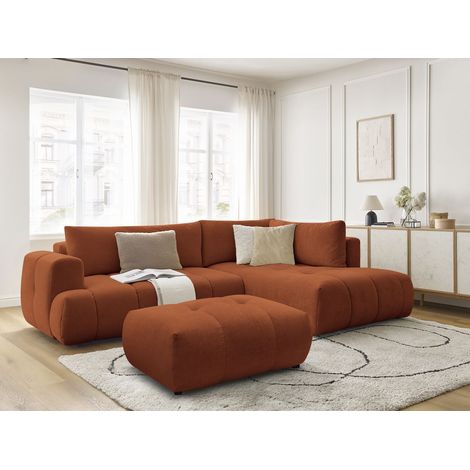 BOBOCHIC - Canapé d'angle L convertible FUJI tissu lisse avec pouf Angle droit Orange (1/5)