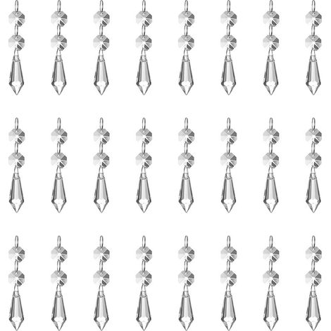 (Pack of 24) 37 mm Ice Prism Pendant Crystal Glass Clear Chandelier Ice Drops Suncatcher with Octagonal Beads for Curtain Lamp Vase Garden Party Christmas Wedding Decor