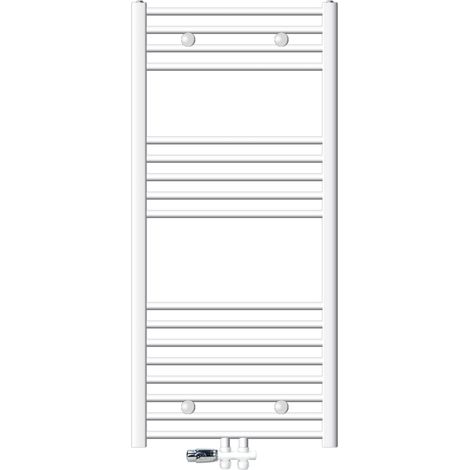 ECD Germany Radiador de baño Conexión Media 600 x 1200 mm Blanco Recto con Termostato y Juego de Conexión Suelo de Paso Blanco Radiador Calefacción Calentador Secador de Toallas