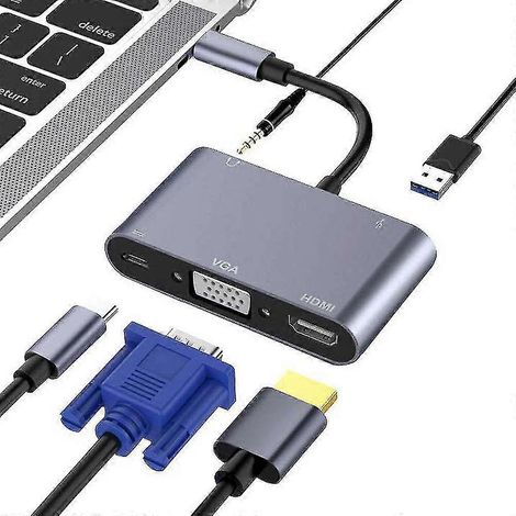 Adaptateur convertisseur multiport USB-C vers HDMI 4K VGA USB 3.0 audio, compatible avec les ordinateurs portables. (1/2)
