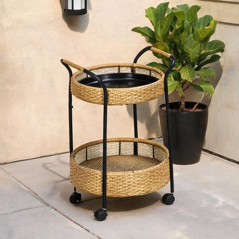 Chariot de service en rotin avec 2 étagères 50 x 66 cm jaune (1/5)