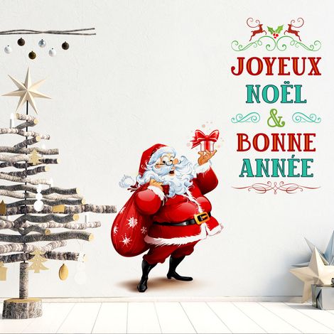 Sticker Noël père noël joyeux noël et bonne année - Autocollants stickers adhésifs noël - décoration fêtes - 40x50cm (1/5)