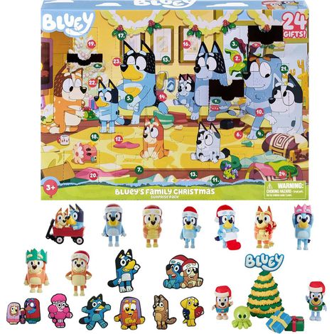 Calendrier de l'Avent Bluey Noël natation, paquet surprise festif avec 24 cadeaux cachés, jouets de piscine et accessoires, bleu, lot complet pour enfants fans de Bluey.