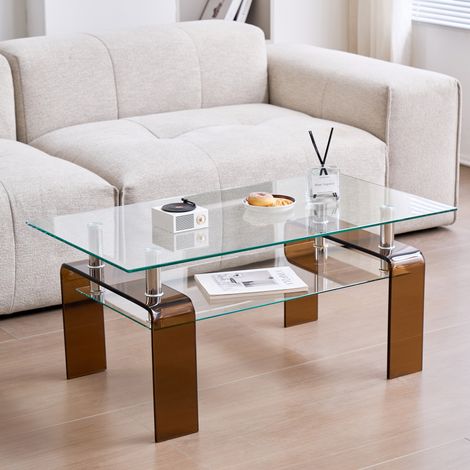 Tavolino da soggiorno 2 livelli 100x55x45 cm con piano in vetro temperato trasparente, gambe marroni e ripiano portaoggetti (1/5)