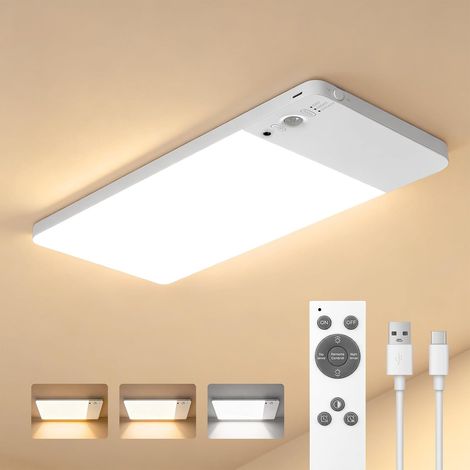 Plafonnier Rechargeable avec Détecteur de Mouvement Lampe LED Plafond Interieur, Sans Fil pour Salle de Bain, Cave ou Garage, Batterie 12,000 mAh, Télécommande Incluse (1/5)