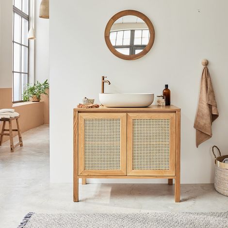 Berah Getah – Meuble sous vasque en teck massif – Cannage élégant – 90 cm de large – Hauteur 79 cm – Profondeur 50 cm – Livré monté (1/5)