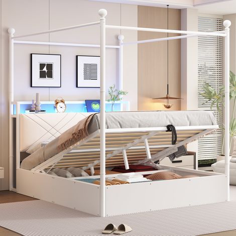 letto contenitore 140x190 con LED USB metallo bianco HAVRYA (1/5)