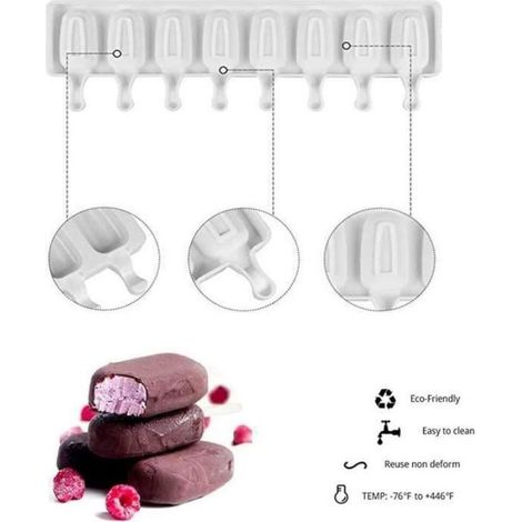 Bac à glaçons en silicone Moule À Crème Glacée 8 cellules Jus congelé en Silicone Moule à Sucette glacée avec 50 bâtonnets en Bois (1/4)
