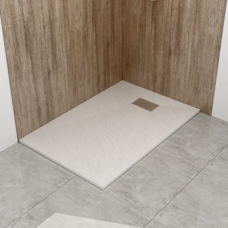 WITEN&NOCK Design Duschwanne Weiß Steinoptik mit Edelstahl Abflussrinne Duschtasse 120x90cm (1/5)