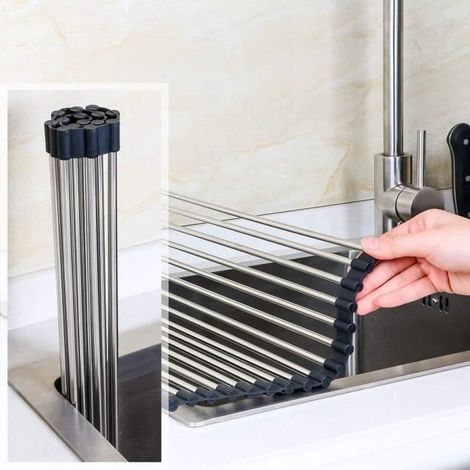 Égouttoir Évier Roll-Up Dish Étendoir, 304 Acier inoxydable Rack de vidange multi-usages à poser,52 x 34 cm (1/4)