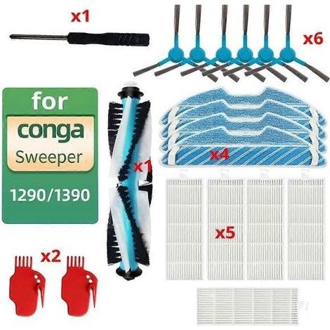 Kit de rechange compatible avec les aspirateurs robots Conga 1290 et 1390 : brosse principale, filtre, chiffon, brosse et tournevis. (1/5)