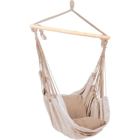 Hochwertiger Decken Hänge Sessel Matte beige Holz Textil Baumwolle (1/2)
