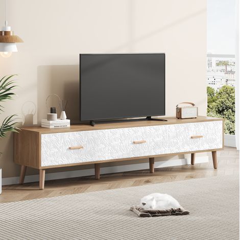 Mobile TV basso vintage in legno con pannello frontale bianco effetto venatura (1/5)