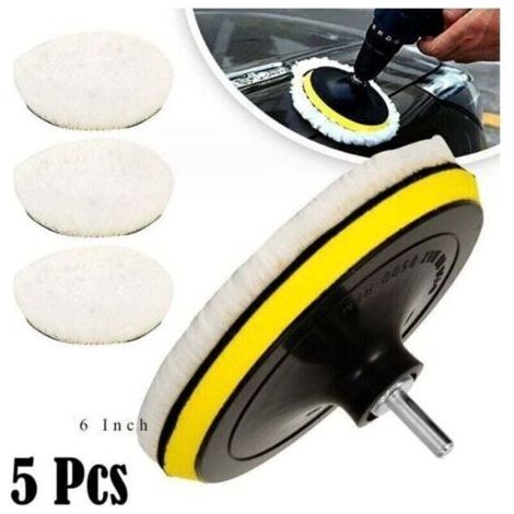 5 Pièces 150mm Tampon de Polissage en Laine, Disque Polissage Éponge de Polissage Pads Kit Polissage Voiture pour avec M14 Foret pour Perceuse pour Polissage de Voiture Meulage Cirage (1/4)