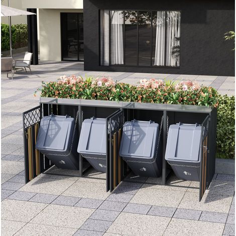 Cobertizo para basura de 4 puertas 132 x 80 x 124,5 cm con jardinera gris y madera HAVRYA (1/5)