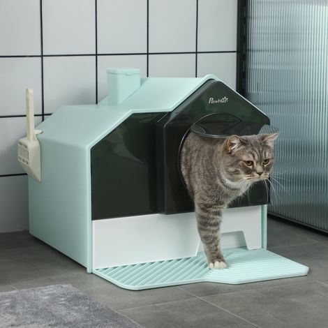Litière pour chat fermée avec tapis tamis et pelle, bac amovible, 47 x 45 x 42 cm, verte DESVIAE (1/5)